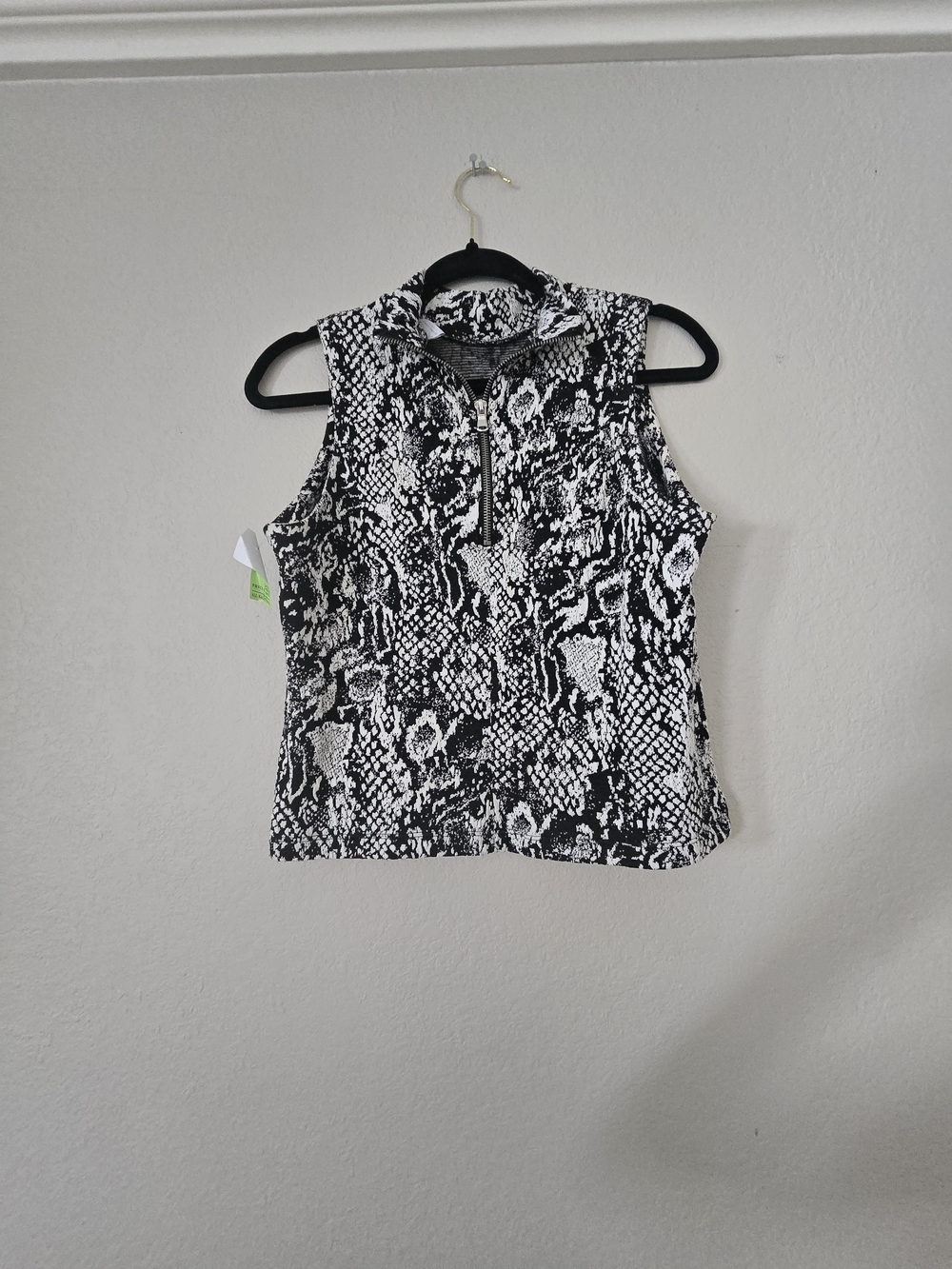 Womens Black & White Snake Print Sleeveless Zip Mock Neck Top